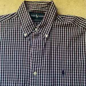 Ralph Lauren Yarmouth Button Down Shirt Mens 15.5 32/33 Navy Blue Pony Burgundy